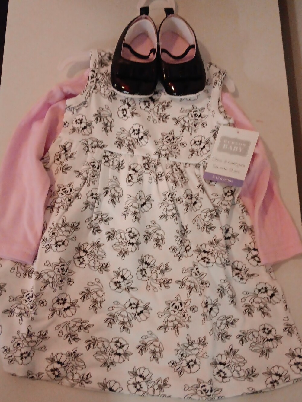 Baby Floral Dress Set with Pink Long Sleeve Top and Black Patent Shoes